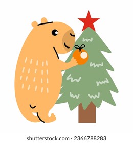 Cute capybara adorns fir tree. Vector doodle illustration. Sticker for Christmas or New Year.