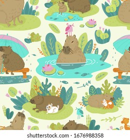 Cute capybara animal cartoon vector illustration. Wild, jungle animal on different backgrounds, lake and forest pattern. Natural design with happy brown pet. Can be useb as texture for kids attraction