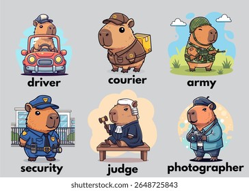 Capivara bonito animal desenho animado vetor ilustração em muitos tipos de profissão
