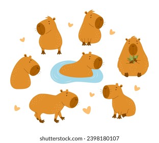 Cute Capybara animal collection. Isolated funny animal character rodent. Vector illustration in flat style. kids collection.