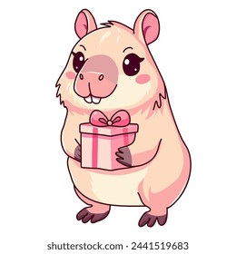 Nettes Capybara Tier, das ein Geschenk hält, niedlich, Vektor-Illustration