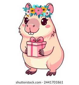 Nettes Capybara Tier, das ein Geschenk hält, niedlich, Vektor-Illustration