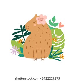 Animales de capibara en hojas tropicales, elemento decorativo vectorial de verano aislado en blanco. Gracioso personaje capy para pegatinas, afiches, tarjetas. Buen animal adorable. Ilustración infantil dibujada a mano.