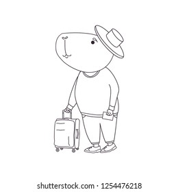 Cute Capybara animal traveler with luggage, uncolored. Character for coloring book.
