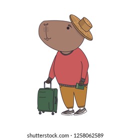 Cute Capybara animal traveler with luggage. Funny character.