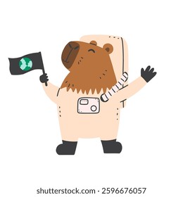 Cute capybara astronaut with a flag vector hand drawn illustration. 
