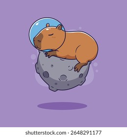 Cute Capybara Astronaut Sleeping on an Asteroid. vector illustration