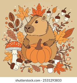 Linda Ilustración vectorial acogedora de otoño Capybara. Tarjeta de Acción de Gracias con calabaza. Una encantadora ilustración de un lindo capibara rodeado de Elementos, hojas, bellotas, hongos y bayas con temática otoñal