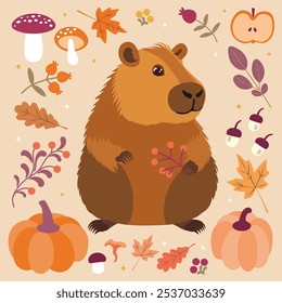 Cute Capybara, Autumn Cozy Vector Illustration. Thanksgiving card with pumpkin. A charming illustration of a cute capybara surrounded by autumn-themed elements, leaves, acorns, mushrooms, and berries