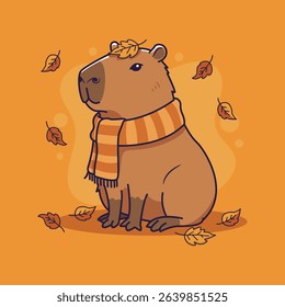 Cute Capybara in Autumn with Scarf and Leaves
