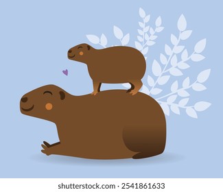 Capivara bonito com bebê e folhas, ilustração de stock de vetor plano com caráter animal capivara