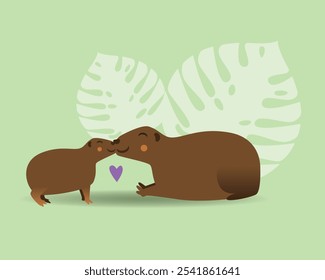 Capibara lindo con el bebé y las hojas, ilustración de stock de Vector plano para el diseño