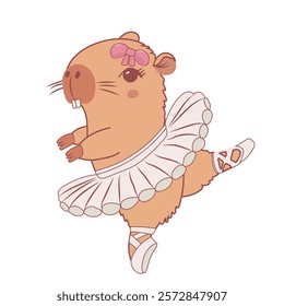 Cute capybara ballerina dancing. Vector illustration