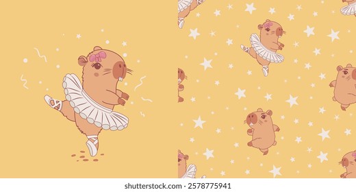 Cute capybara ballerina seamless pattern. Hand drawn vector illustration. Print for baby t-shirt print, fashion print design, kids wear, baby shower celebration greeting and invitation birthday card.