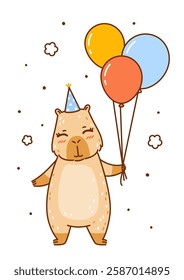 Cute сartoon capybara with balloons isolated on white background - funny animal for Your Birthday greeting card design