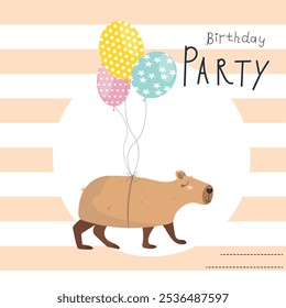 Cute capybara with balloons. Party invitation. Fun and dancing.