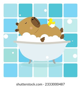 Cute Capybara in a the bath. Funny animal character takes a bath. Capybara swims with a yellow duck