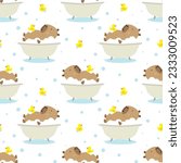 Cute Capybara in a the bath. Capybara swims with a yellow duck. Cute seamless pattern