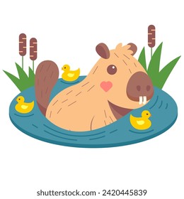 Cute capybara Baden in Wasser mit Enten in Redezeit. Amusing fanny Wasser Schwein, Happy С а р Nagetier у. Flache Vektorgrafik im Cartographie-Stil