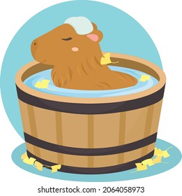 Cute Capybara Bathing in Wooden Bathtub