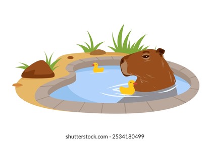 Capivara bonita banhando-se em piscina do zoológico com patos amarelos de borracha. Engraçado bebê marrom animal nadando e desfrutando de água azul da lagoa, retrato de roedor gordo adorável relaxante desenho animado vetor ilustração