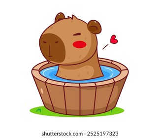 Cute Capybara in bathtub Cartoon Vector. Adorable and Kawaii Animal Concept Design. Hand drawn style. Icon Mascot Logo Illustration. Isolated White Background.