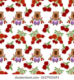 Cute capybara with berries on white background.