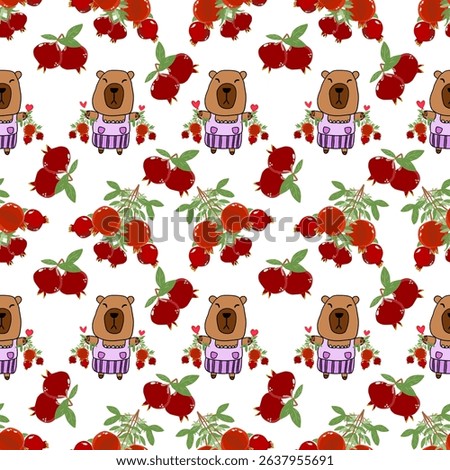 Cute capybara with berries on white background.