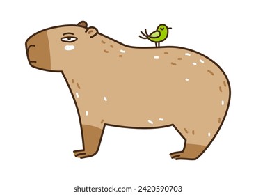 Cute с Artoon Capybara mit Vogel einzeln auf Weiß - lustiges Tier für Ihr Design