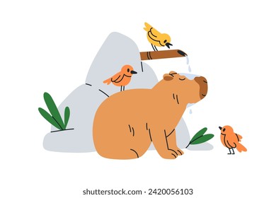 Cute capybara and birds. Funny happy capibara washing under water shower. Adorable lovely sweet animal. Capy, rodent character. Childrens flat vector illustration isolated on white background.