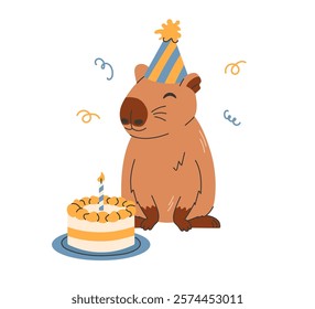 Cute capybara in birthday hat. Happy capy in front of sweet holiday cake with candle. Flat illustration isolated on white background.