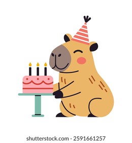 Cute capybara at a birthday party, wearing a hat with cake. Adorable vector illustration for kids clipart and festive designs.