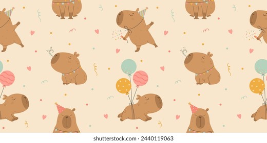 Cute capybara birthday seamless pattern