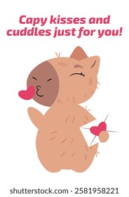 Cute capybara blowing a kiss and holding hearts, perfect for Valentine's Day, love-themed designs, greeting cards, and romantic messages. Ideal for digital prints, invitations, stickers