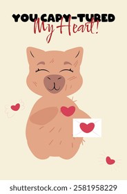 Cute capybara blowing a kiss and holding hearts, perfect for Valentine's Day, love-themed designs, greeting cards, and romantic messages. Ideal for digital prints, invitations, stickers