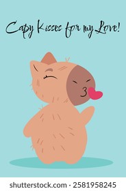 Cute capybara blowing a kiss and holding hearts, perfect for Valentine's Day, love-themed designs, greeting cards, and romantic messages. Ideal for digital prints, invitations, stickers