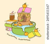 Cute Capybara Bookish TBR Vibe in Bath with Stack books, Animal Reading Cartoon Hand Drawn Illustration