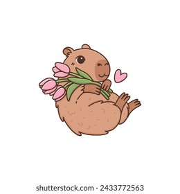 Cute capybara with bouquet of tulip flowers and pink heart. Cartoon rodent character in kawaii style. Funny animal with gift for holiday. Vector illustration isolated on white background