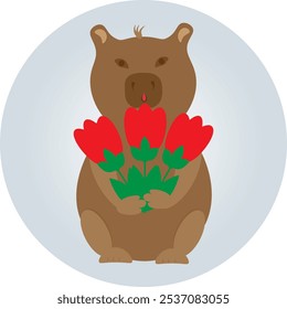 Uma capivara fofa com um buquê de flores tulipa. Um personagem roedor bonito estilo kawaii. Um animal engraçado com um presente de férias