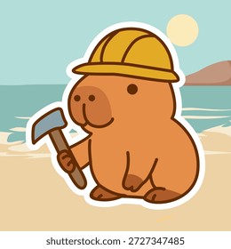 Construtor capivara bonito com chapéu duro e picareta na praia