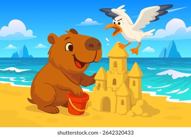 Cute capybara building a sandcastle on the beach with an angry seagull