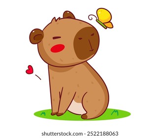 Capivara bonita e borboleta vetor de desenhos animados. Adorável e Kawaii Design de conceito animal. Estilo desenhado à mão. Ilustração do logotipo do mascote do ícone. Fundo Branco Isolado.