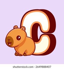 Cute Capybara In C Alphabet Cartoon Vector Icon Illustration. Animal Education Icon Concept Isolated Premium Vector. Flat Cartoon Style