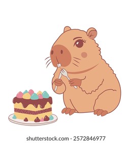 Cute capybara with cake dessert. Vector illustration