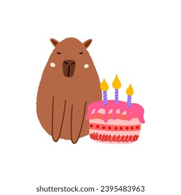 Cute capybara with cake in flat style. Capybara vector illustration for card, party, children's clothing.