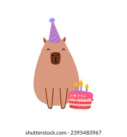 Cute capybara with cake in flat style. Capybara vector illustration for card, party, children's clothing.