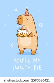 Cute сartoon capybara with cake on blue background - funny animal for Your Birthday greeting card design