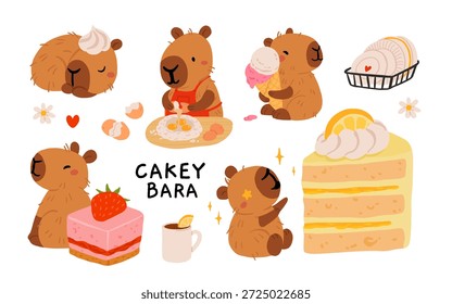 Cute capybara with cakes and desserts vector set, kawaii sleeping capybara characters with strawberry cake, bakery sweets. Cozy food illustrations for birthday, cafe and stickers