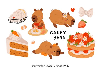 Cute capybara with cakes and desserts vector set, kawaii sleeping capybara characters with strawberry cake, bakery sweets. Cozy food illustrations for birthday, cafe and stickers