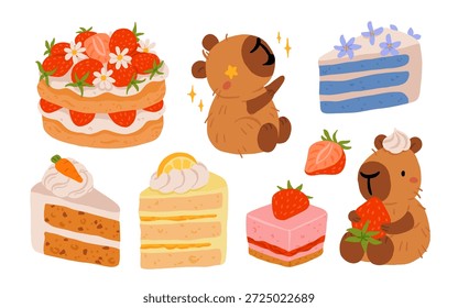 Niedliche Capybara mit Kuchen und Desserts, Vektorsatz, Kawaii schlafende Capybara-Figuren mit Erdbeerkuchen, Backwaren Süßigkeiten. Gemütliches Essen Illustrationen für Geburtstag, Café und Aufkleber